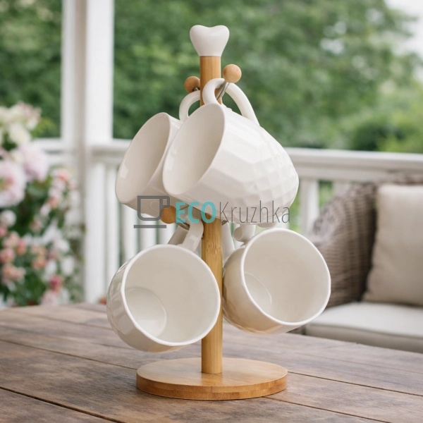 Набір чашок на бамбуковій підставці 300 мл Interos PJ028 ...