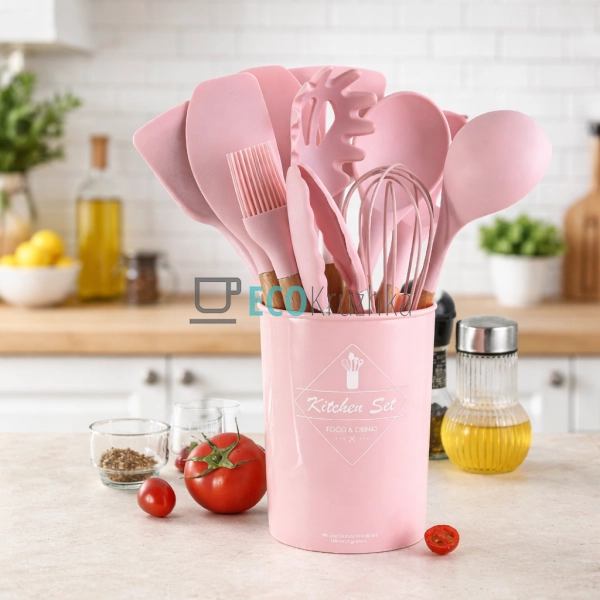 Набір кухонного посуду 12 шт з бамбуковими ручками рожев ...