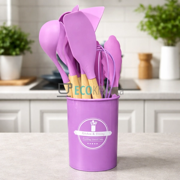 Набір кухонного посуду 12 шт з бамбуковими ручками фіоле ...
