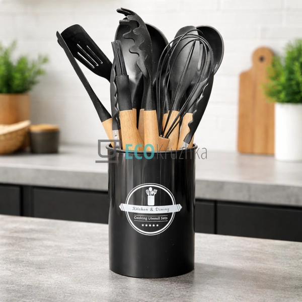 Набір кухонного посуду 12 шт з бамбуковими ручками чорни ...