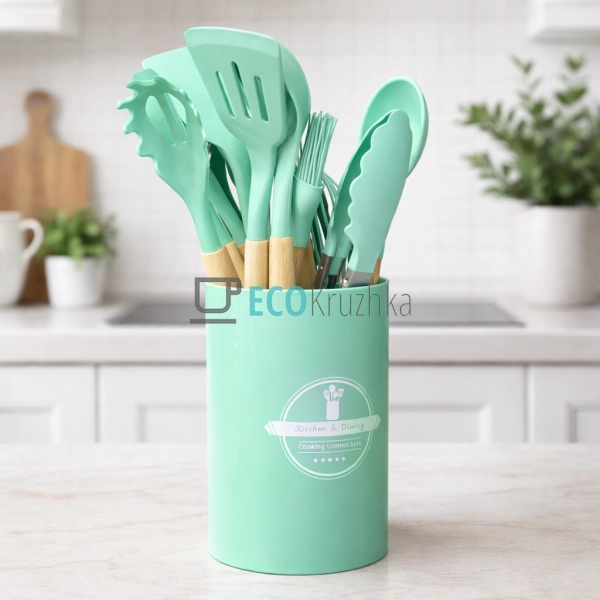 Набір кухонного посуду 12 шт з бамбуковими ручками бірюз ...