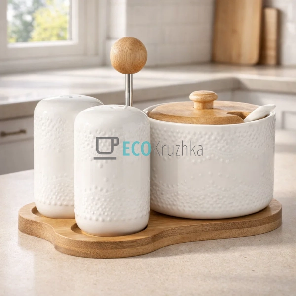 Набір на бамбуковій підставці три предмети ( цукорниця,  ...