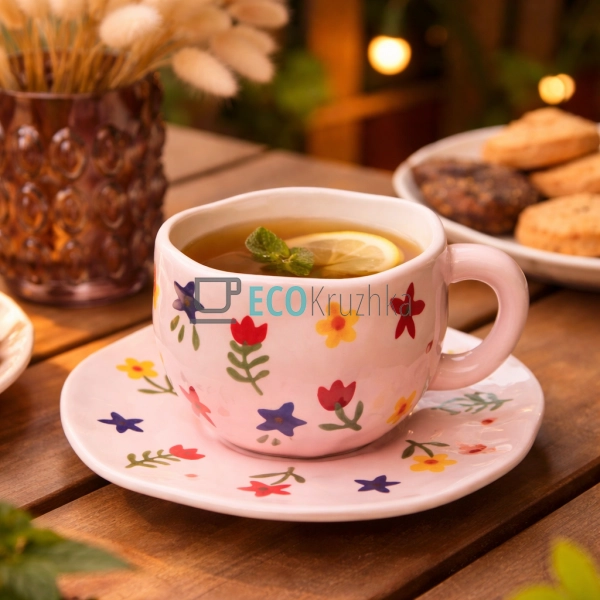 Порцелянова чашка з блюдцем 300 мл Квіткова рожева (8030 ...