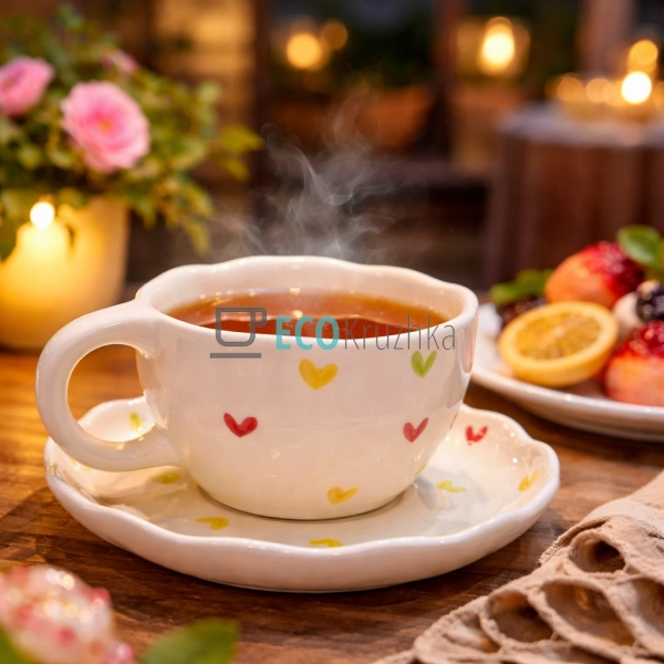 Порцелянова чашка з блюдцем 300 мл Мульти серця (8030-39 ...