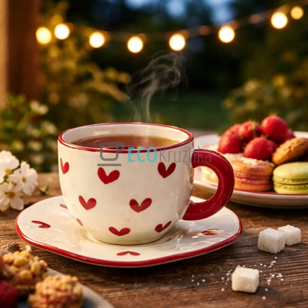 Порцелянова чашка з блюдцем 300 мл Червоні сердечка (803 ...