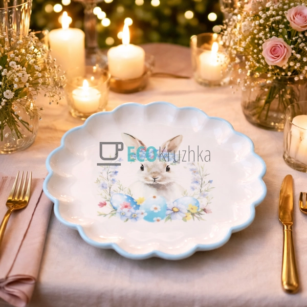 Керамічна тарілка 20 см Зайчик у квітах блакитний (DM189 ...