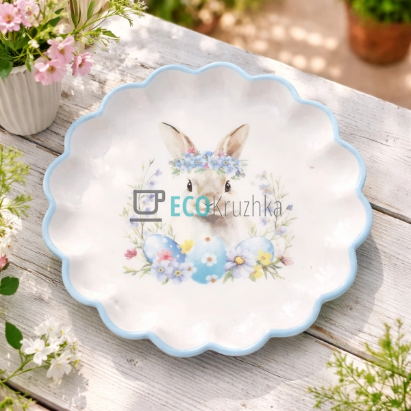 Керамічна тарілка 20 см Зайчик у квітах блакитний (DM189 ...