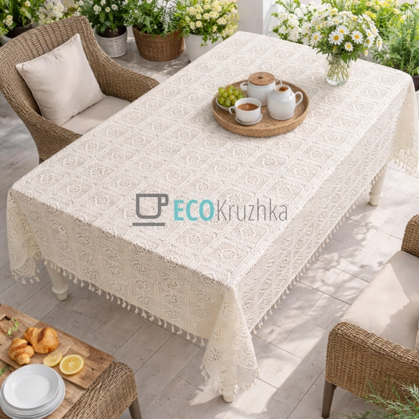 Бавовняна скатертина з в’язаним мереживом і китицями Boh ... Бавовняна скатертина з в’язаним мереживом і китицями Boh ...