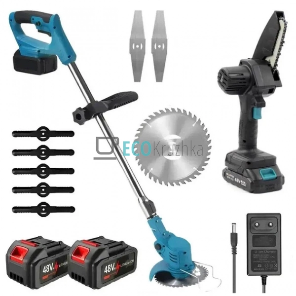 Набір садової техніки 2в1: газонокосарка та ланцюгова пи ... Набір садової техніки 2в1: газонокосарка та ланцюгова пи ...