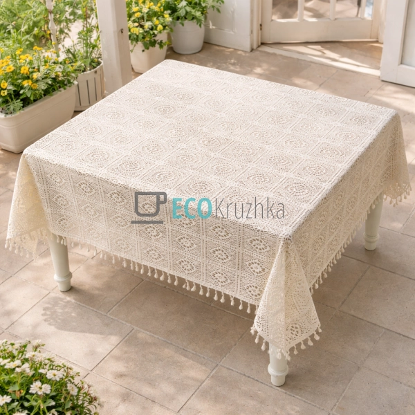 Бавовняна скатертина з в’язаним мереживом і китицями Boh ...