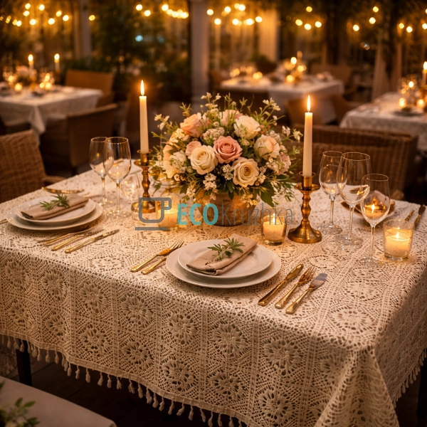 Бавовняна скатертина з в’язаним мереживом і китицями Boh ...