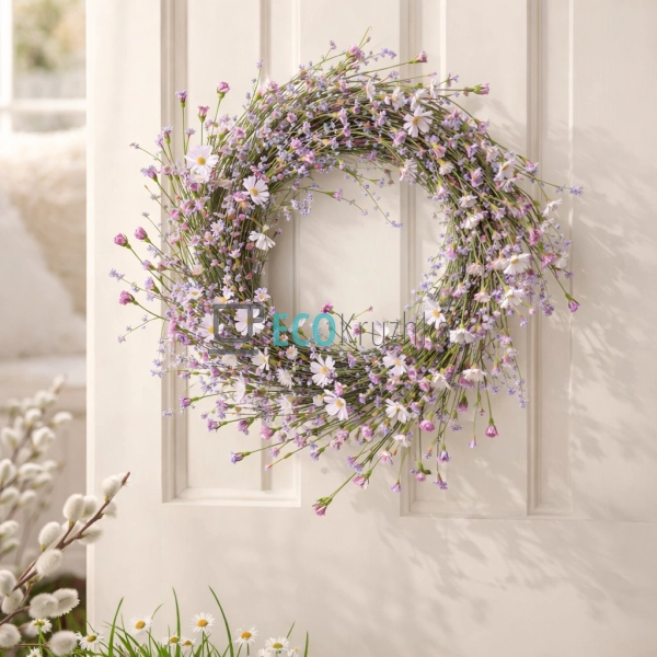 Декоративний вінок з квітами бузковий 55 см для декору д ...