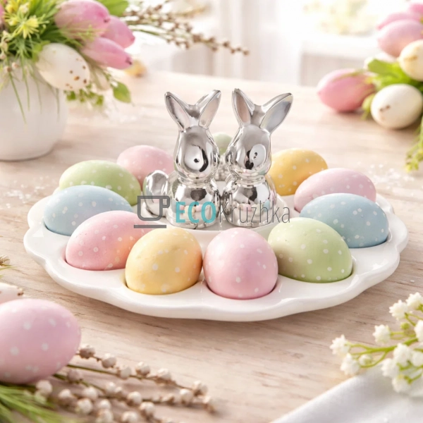 Блюдо для яєць керамічне зі срібним кроликом 20.2×8.5 см ...