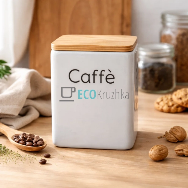 Керамічна банка Caffe 10×10×13 см з бамбуковою кришкою с ...