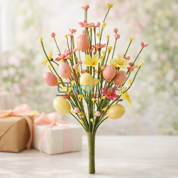 Декоративна гілка з яйцями, ягодами та квітами 48 см (H3 ...