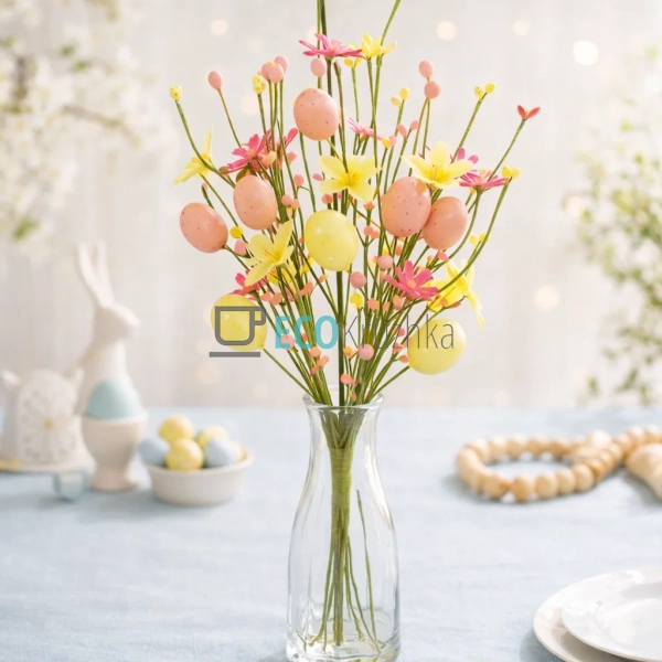 Декоративна гілка з яйцями, ягодами та квітами 48 см (H3 ...