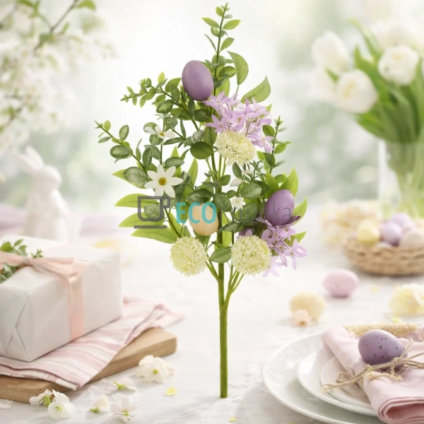 Декоративна великодня гілка з яйцями, квітами та листям  ...