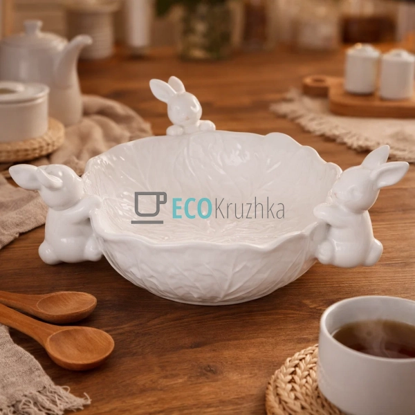 Керамічна піала "Зайки з капустою" 1.5 л біла (928-127)