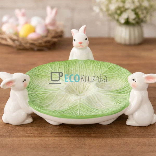Підставка для 6 яєць ‘Зайки з капустою’ зелена 28×9.5 см ...