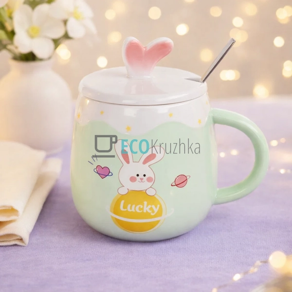 Порцелянова чашка з кришкою та ложкою Funny Rabbits 430  ...