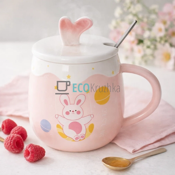 Порцелянова чашка з кришкою та ложкою Funny Rabbits 430  ...