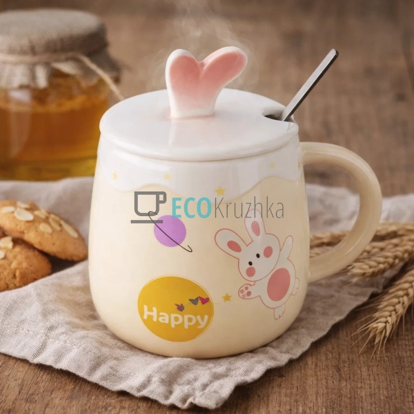Порцелянова чашка з кришкою та ложкою Funny Rabbits 430  ...
