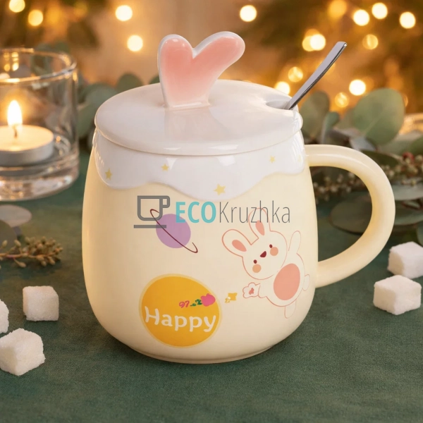 Порцелянова чашка з кришкою та ложкою Funny Rabbits 430  ...