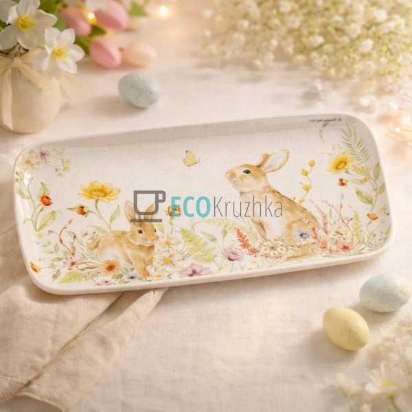 Керамічне прямокутне блюдо ‘Зайчики в квітах’ 37.2×16.2× ...