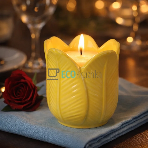 Порцеляновий свічник Тюльпан з восковою свічкою жовтий 9 ...