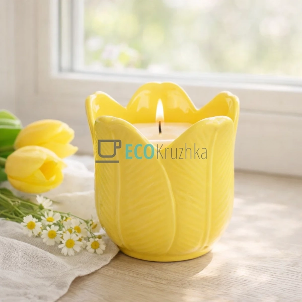 Порцеляновий свічник Тюльпан з восковою свічкою жовтий 9 ...