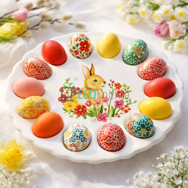 Керамічне блюдо для 12 яєць Зайчик у квітах 31 см (733-7 ...