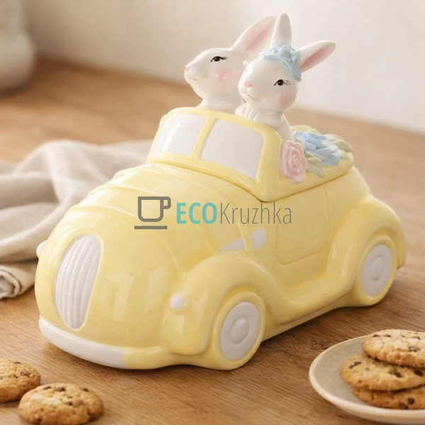 Керамічна банка для печива Зайчики в машині 1700 мл жовт ... Керамічна банка для печива Зайчики в машині 1700 мл жовт ...
