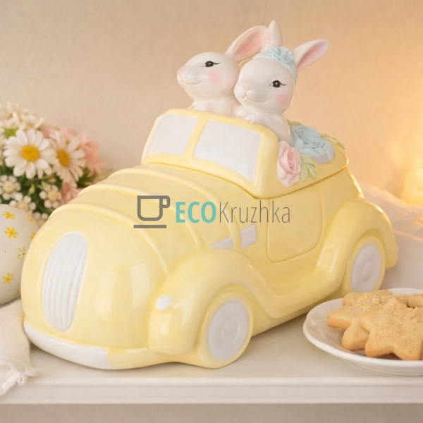 Керамічна банка для печива Зайчики в машині 1700 мл жовт ... Керамічна банка для печива Зайчики в машині 1700 мл жовт ...