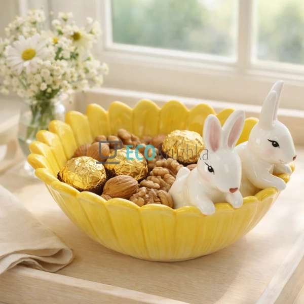 Керамічна піала Кролики в квітці 21 см жовта (733-577)