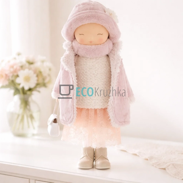 Декоративна лялька в рожевому пальті з капелюхом і сумоч ... Декоративна лялька в рожевому пальті з капелюхом і сумоч ...