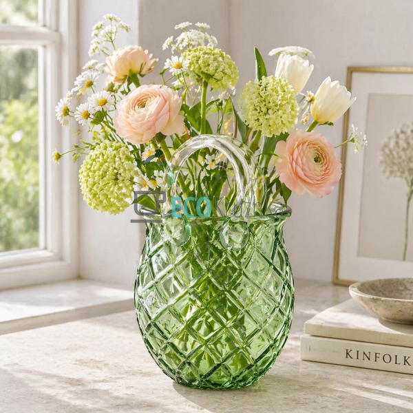 Ваза Сумочка скляна ручної роботи 16х10х27 см зелена (99 ...