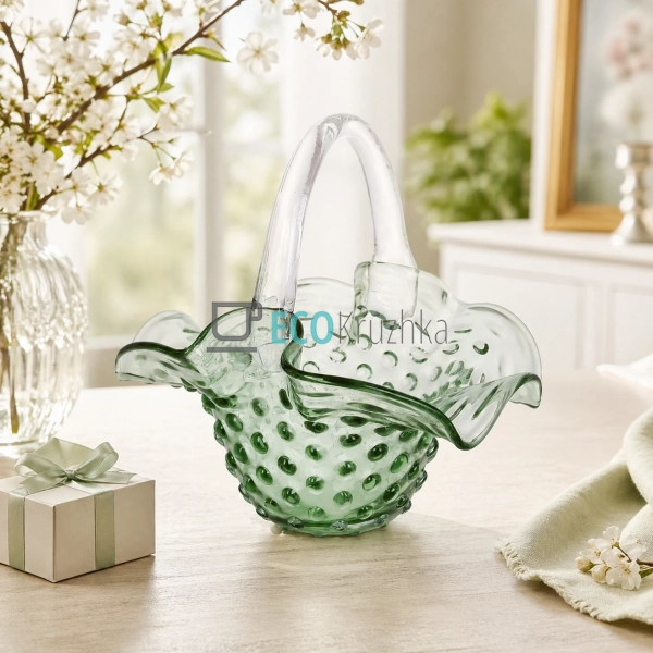 Скляна ваза Кошик ручної роботи зелена 25х20.5х25 см (99 ...