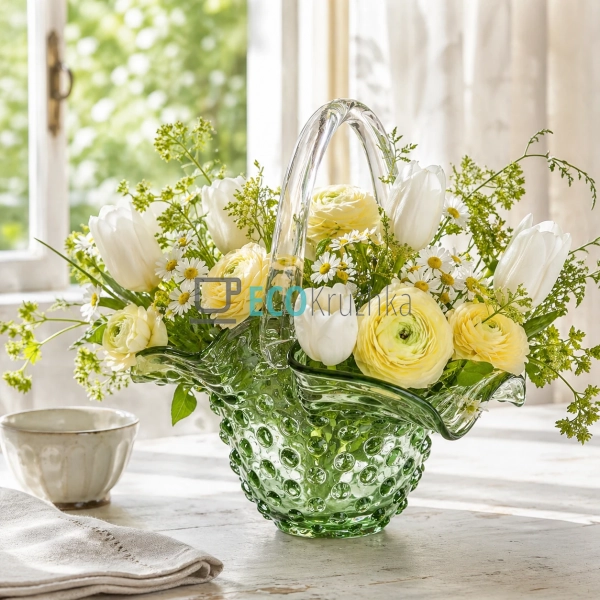 Скляна ваза Кошик ручної роботи зелена 25х20.5х25 см (99 ...