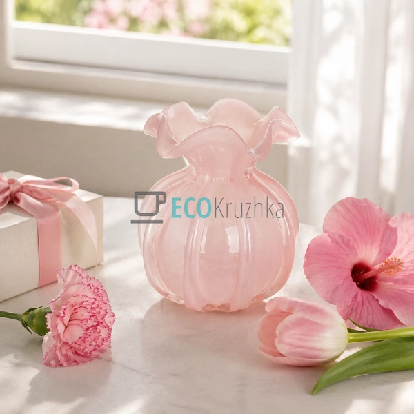 Скляна ваза Adele ручної роботи ніжно-рожева 13х15.5 см  ...