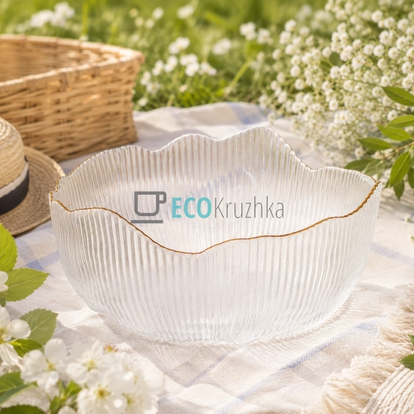 Салатник скляний прозорий Fleur 20 см із золотим обідком ... Салатник скляний прозорий Fleur 20 см із золотим обідком ...