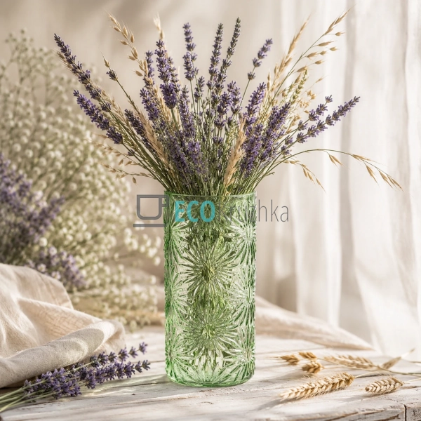 Скляна ваза Ромашки зелена 15×30.5 см з фактурним малюнк ...