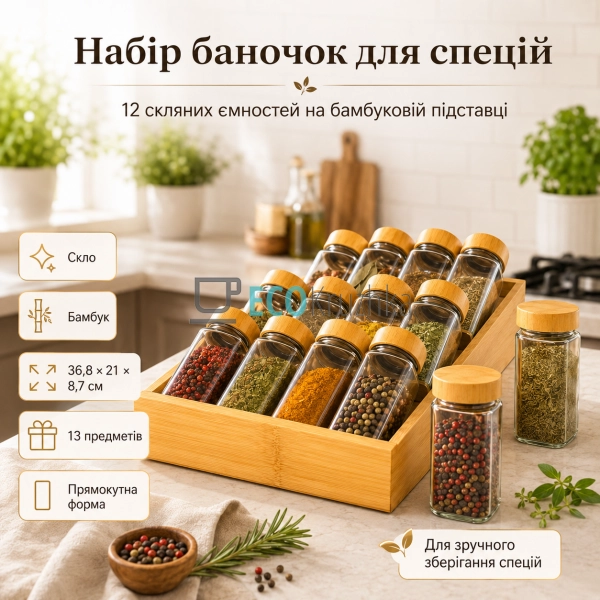 Набір баночок для спецій з бамбуковою підставкою, 12 скл ...