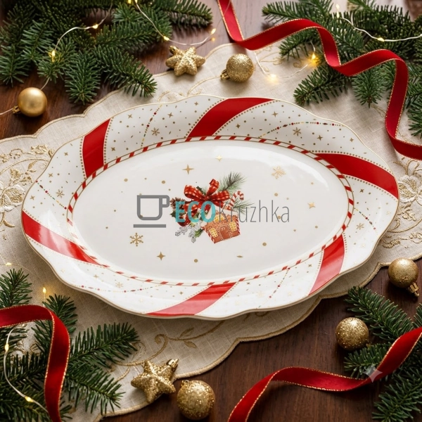 Порцелянове овальне блюдо Christmas Ribbon з хвилястим к ... Порцелянове овальне блюдо Christmas Ribbon з хвилястим к ...