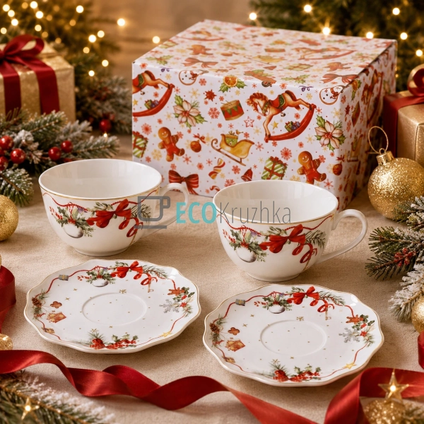 Порцеляновий набір Christmas Ribbon 2 чашки 250 мл з блю ...