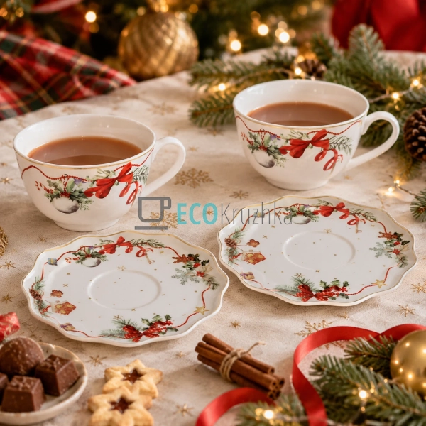 Порцеляновий набір Christmas Ribbon 2 чашки 250 мл з блю ...