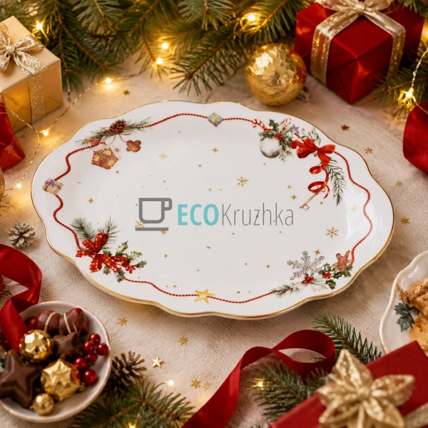 Порцелянове овальне блюдо Christmas Ribbon з хвилястим к ...