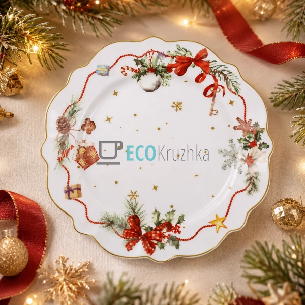 Порцелянова тарілка Christmas Ribbon 21 см з хвилястим к ...