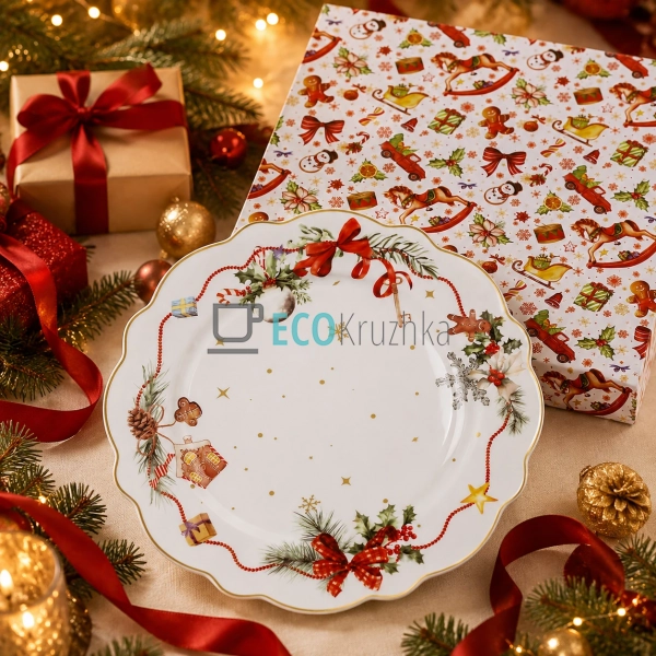 Порцелянова тарілка Christmas Ribbon 28 см з хвилястим к ...