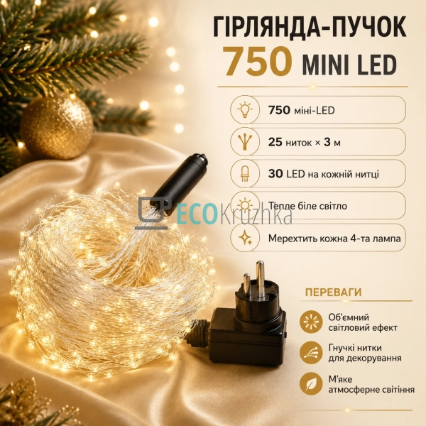Гірлянда-пучок 750 міні-LED, 25 ниток по 3 м, теплий біл ... Гірлянда-пучок 750 міні-LED, 25 ниток по 3 м, теплий біл ...