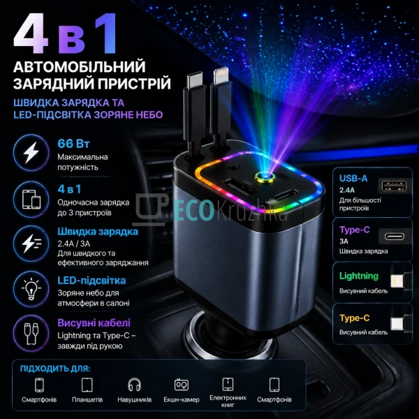 Автомобільний зарядний пристрій 4 в 1 зі швидкою зарядко ... Автомобільний зарядний пристрій 4 в 1 зі швидкою зарядко ...